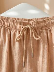 Pantalón de pierna ancha para mujer, elegante y casual. Tela de poliéster, apto para cualquier temporada, ajuste de cintura natural con resorte ligero y cordón ajustable. Sin bolsillos. Text - Beis - Ver 4