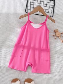 SHEIN Elladie kids Young Girl'亮面櫻桃紅細肩帶連身褲，夏季親子套裝兒童針織連身褲附口袋，柔軟連身褲 - 粉色 - 查看 9