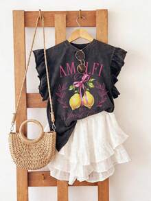 Resyla Lemon Print Fashionable Minimalist Women's Round Neck T-Shirt With Ruffle Sleeve Cuff, Gift For Friends - Black - View 3