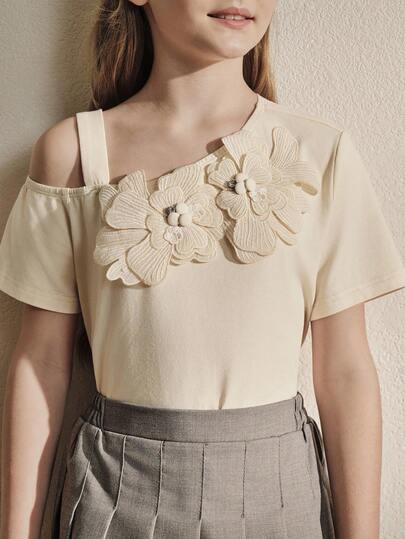 Anewsta Older Tween Girl' French Elegant Bowknot 3D Floral Decor Apricot Short Sleeve T-Shirt