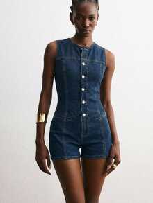 ATUI Studio Bộ jumpsuit denim nữ không tay cổ tròn cài cúc đơn giản, phong cách thường ngày. - Màu xanh hải quân - Xem 3