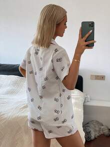 HELLO KITTY | DAZY Summer Polka Dot Bow Print Contrast Trim Lightweight Loose Women Short Sleeve Top And Shorts Pajama Set - White - View 2