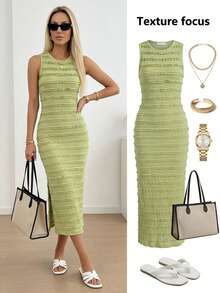 Easowa Avocado Green Mid-Length Dress For Women, Textured Fabric. Round Neck Sleeveless Bodycon Dress With Slit, Suitable For Romantic Vacation, Elegant Vacation, Spring/Summer Outfit - Avocado Green - View 7