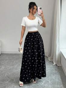 Modelyn Petite Women's Printed Woven Black Floral Elastic Waist A-Line Skirt Black Bow Print Elastic Waist Maxi Skirt Casual A-Line Bow Print Long Skirt Soft Lightweight Flowy Fabric Elastic Gathered Waistband Daily Street Casual Wear  Beachside Vacation Wear Spring Outdoor Picnic Gathering Casual Family Gathering Summer Cute Feminine Chic - Black - View 8