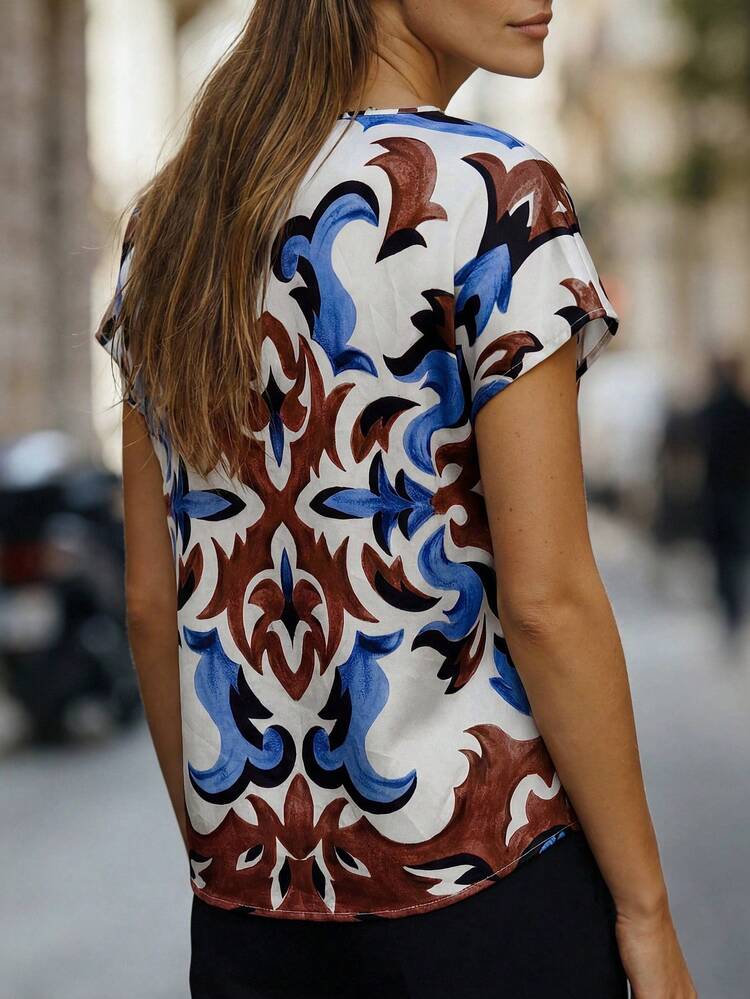 Middle-Aged & Elderly Women's Casual All-Over Print Mandarin Collar Shirt, Summer