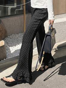 FRIFUL Women's Fashionable Versatile Polka Dot Print Ruffle Hem Casual Pants - Black - View 6
