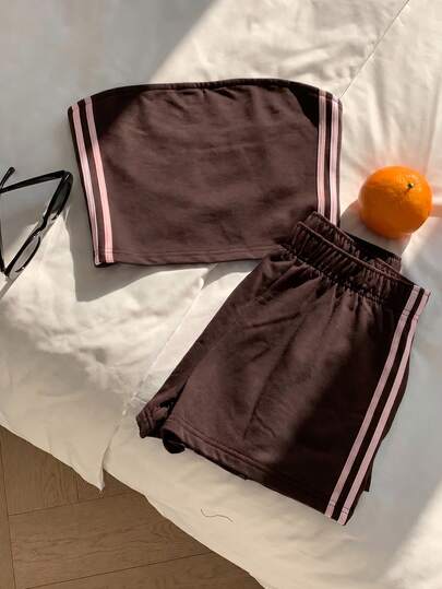 Comfortcana Brown Tube Top & Shorts 2 Pieces Set For Women