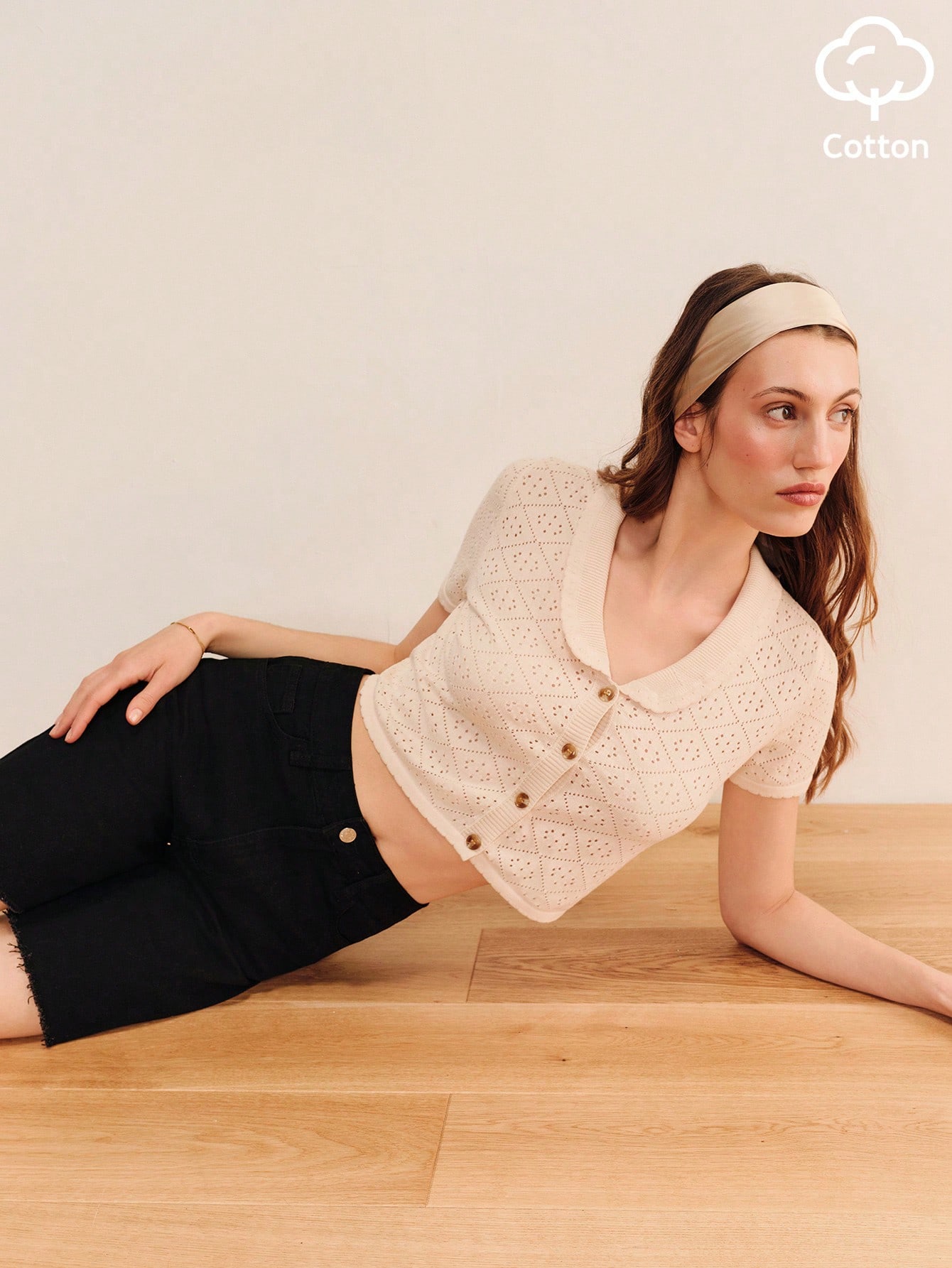Cream Crochet Knit Short Sleeve Button Front Top With Oversized Collar Boho Vintage Spring Summer Holiday Top Summer Cotton Top French Style Vintage Top