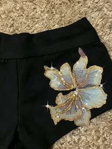 IslaSuriya 新款重工刺繡拼接夏季居家休閒性感短褲，百搭街頭運動風女款短褲 - 黑色 - 查看 3