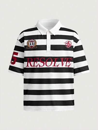 Courvante Men's Casual Fashionable Letter & Number Colorblock Striped Print Short Sleeve Polo Shirt, Knit Fabric Multicolor, With Button & Ribbed & Front, Athletic, Father's Day Gift For Father & Boyfriend, Outfits For Men