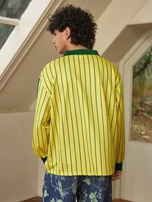 Open Phase Men's Striped Letter Print Polo Shirt, Casual & Fashionable, Suitable For Spring & Autumn - Yellow - View 2