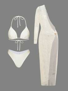 Swim Oasis 2026 New Summer Holiday Party Vacation Dress For Women White Halter Spaghetti Strap Sexy Beach Resort Wedding Evening Bikini 3-Piece Set - Apricot - View 1