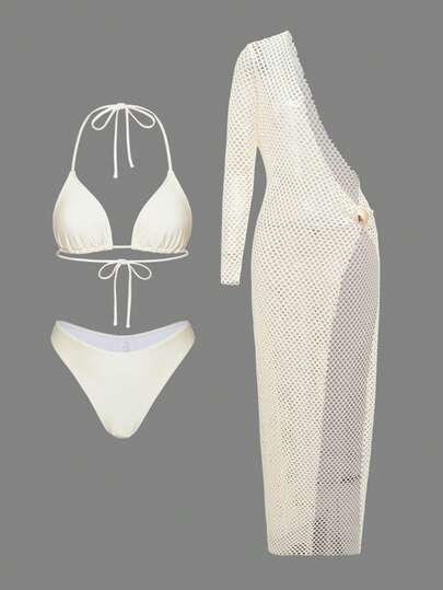 Bonvoyette Bộ bikini 3 mảnh màu mơ dành cho nữ, kiểu cổ yếm, dây mảnh, gợi cảm, thích hợp cho kỳ nghỉ biển.