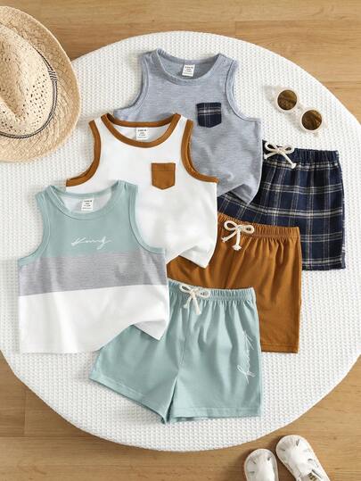SHEIN Set de 6 piezas de top de tirantes y pantalones cortos de punto cómodo y versátil de verano con bloques de color para niño pequeño, conjunto de ropa a juego de múltiples piezas, set de top de tirantes