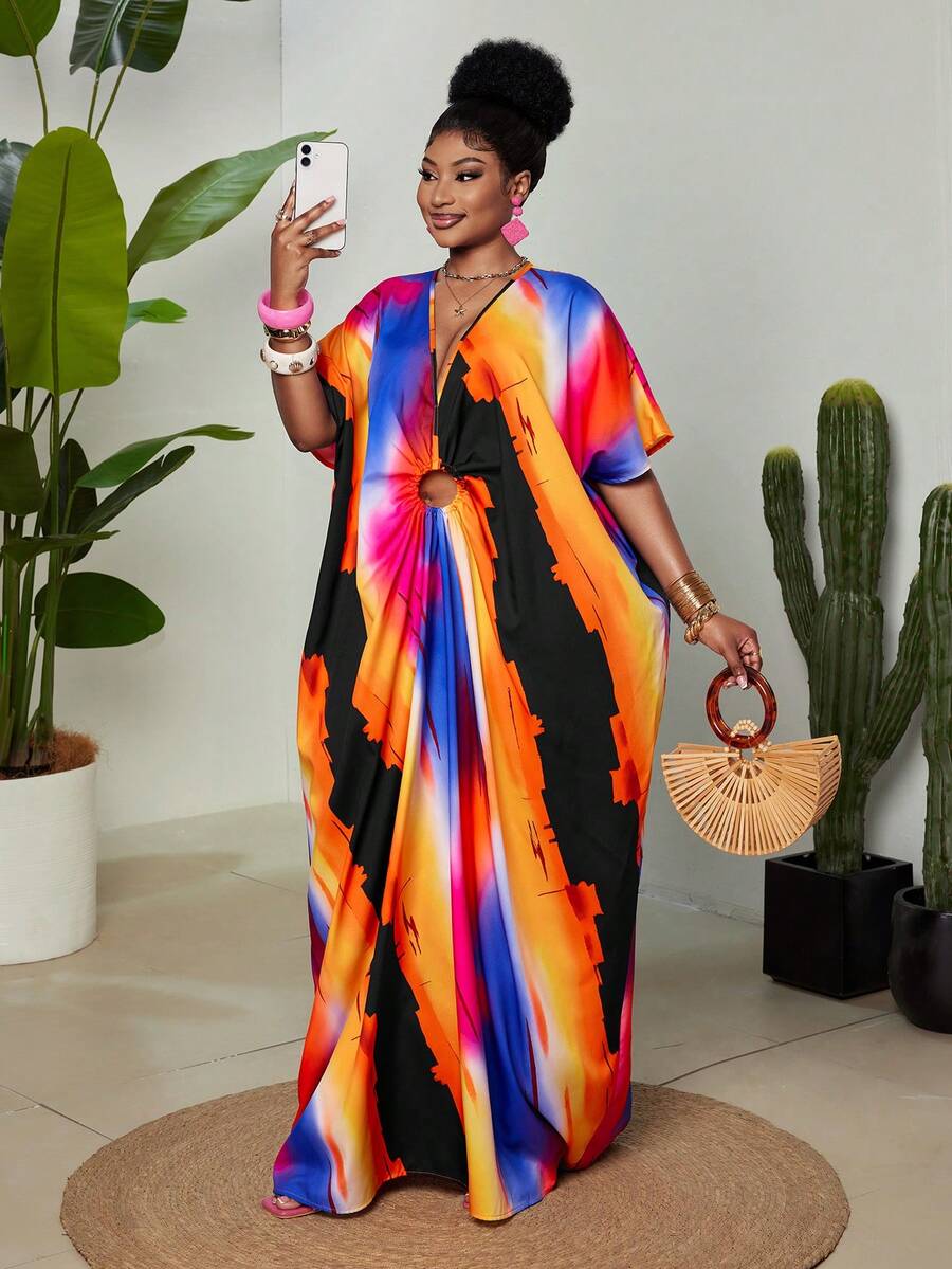 Maweii Burnt Orange Plus Size Women's Boho Vibrant Abstract Print V-Neck Short Sleeve Dress Front Ring Cutout Loose Fit Summer Vacation Holiday Beach - Multicolor - View 1