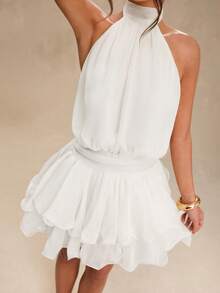 SHEIN BAE Apricot Color Tie-Neck Layered Ruffle Backless Elegant Mini Dress, Shiny Puff Graceful Vacation Bridesmaid Birthday Party Back To School/Graduation - White - View 4