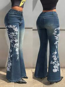 StreetHx Quần jeans ống loe nữ có túi, cài nút, họa tiết hoa, kiểu dáng thường ngày, đa năng. - Màu xanh lam - Xem 7