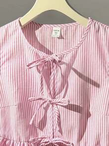 SHEIN Teen Girls Pink & White Striped Casual Elegant Vacation Textured Asymmetrical Shoulder Ruched Cropped T-Shirt - Pink - View 6