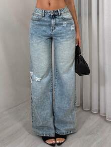 SHEIN TRNDY Quần jeans ống đứng cạp thấp rách nhẹ, phong cách thường ngày, thời trang đi nghỉ mát. - Rửa nhẹ - Xem 4
