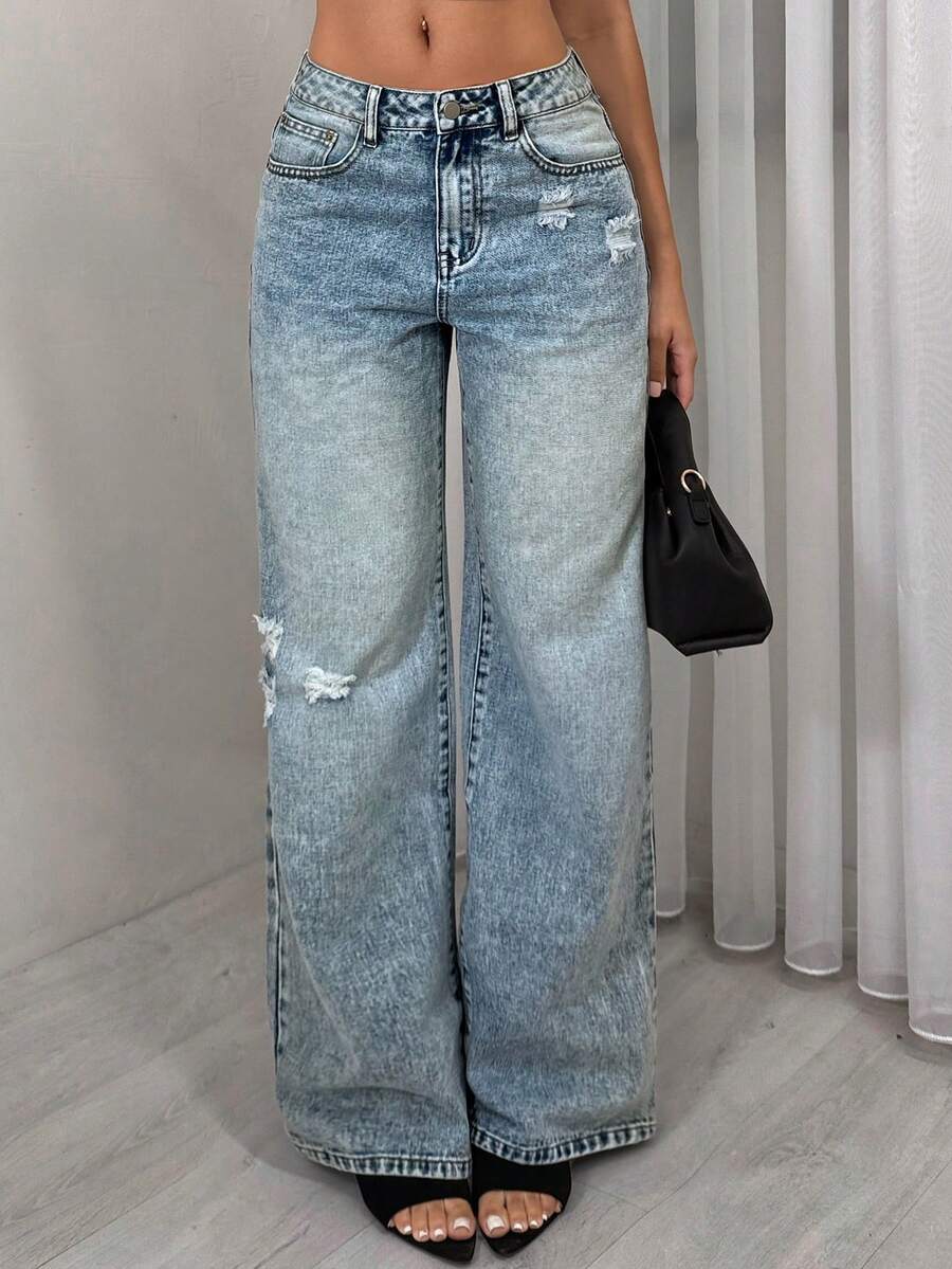 SHEIN TRNDY 时尚休闲度假风破洞低腰直筒牛仔裤 - 淺色水洗藍 - 查看 1