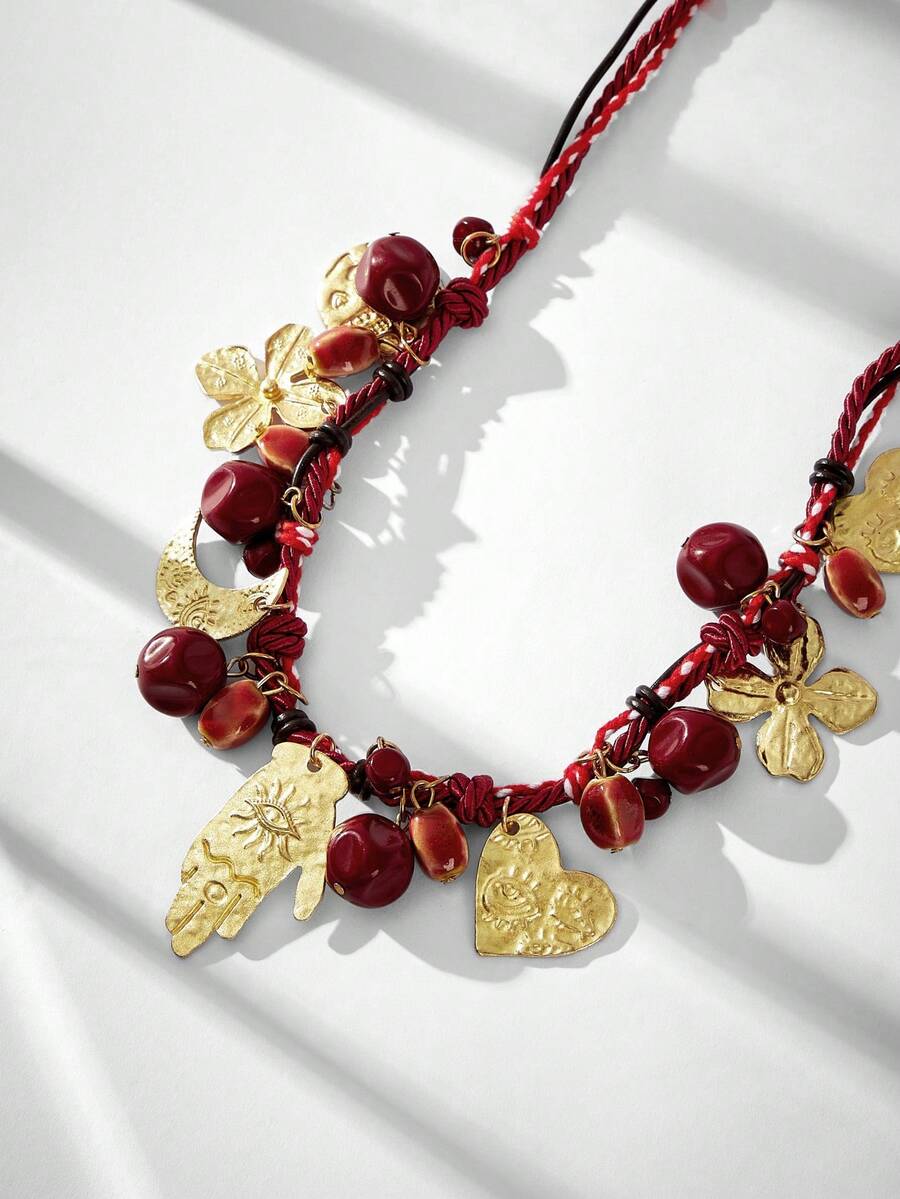 Maija New Light Luxury Handmade Knotted Three-Strand Rope Palm Moon Love Vacation Wind Seaside Multi-Element Pendant Necklace - Red - View 1