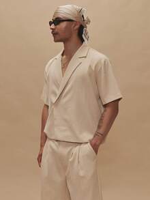 Musero Oversized Short Sleeve Dropped Shoulder Tailored Single Button Blazer Style Revere Lapels Top Spring Summer Essentials Holiday - Apricot - View 5