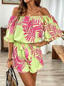 Breezaya Hawaiian Style Ruffled Off-Shoulder Romper - Green - View 4