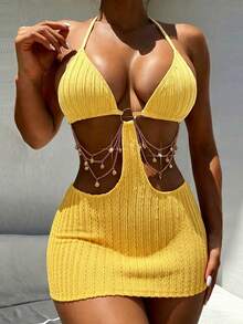 Mistrie 2026 New Women Chain Beach Holiday Sexy Strap Hollow Hanging Chain Dress,Suitable For Party, Christmas, Date Night, Nightclub, Bohemian, Boho, Vacation, Vacation, Vintage, Holiday, Beach, Cruise Beach Club Outfits Women Vacay Outfit Women Yellow Cover Ups For Swimwear - Yellow - View 7