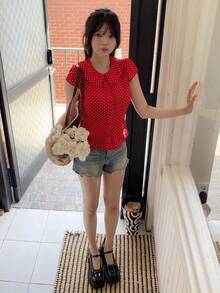 Women's Casual Refreshing Collared Short Sleeve Shirt, Spring/Summer - Red - View 4