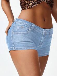 SHEIN ICON Summer Casual Sexy Y2K Vintage Low Waist Light Blue Denim Mini Everyday Wear Women's Denim Shorts Beach Night Out - Light Wash - View 6