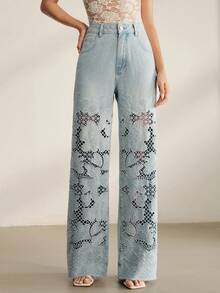 Anewsta Quần jeans ống đứng màu xanh dương khoét lỗ, thêu họa tiết cầu kỳ, gợi cảm dành cho nữ, thích hợp cho mùa xuân/hè. - Màu xanh lam - Xem 1