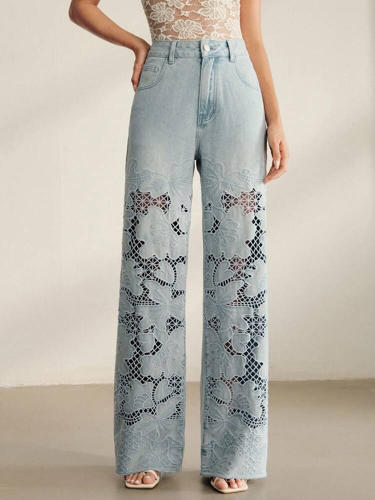 Women's Spring/Summer Fashion Sexy Heavy Embroidered Hollow-Out Blue Straight Jeans