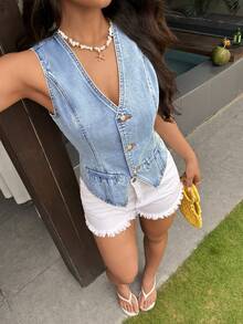 SHEIN Tall 女士V领单排扣休闲百搭牛仔衬衫，适合日常穿着 - 藍色 - 查看 7