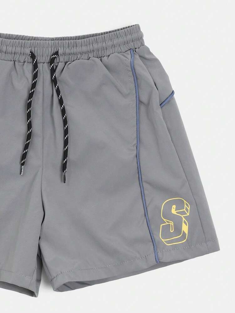 Boys Short Sleeve Crew Neck Tee And Drawstring Shorts Two Piece Summer Set With Logo Print