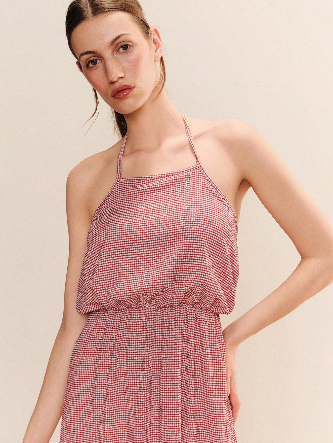 Relaxed Red Gingham Midi Dress With Thin Straps And An Open Back Cute Spring Summer Style Ruffle Dress Holiday Dress Frrench Style Dress Casual Dress