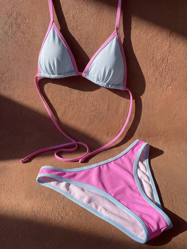 Women's Summer Beach Contrast Color Halter Tie Sexy Bikini Swimsuit Set