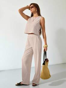 SHEIN Tall Women's Striped Crew Neck Sleeveless Top And Shorts 2 Pieces Set, Casual For Summer - Apricot - View 8