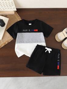 SHEIN Vintaside Kids 男童運動風拼色套裝 黑灰白拼接短袖T恤搭配休閒短褲 字母印花 夏季海灘穿搭 柔軟舒適 - 黑色 - 查看 4