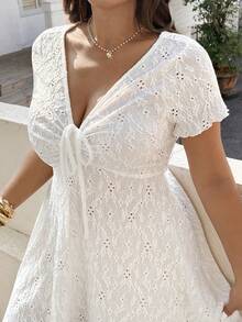 SHEIN EZwear Plus Size Summer Vacation Hollow Out Embroidery Front Drawstring Dress - White - View 8