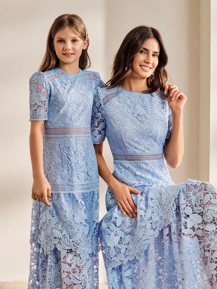 Anewsta Spring/Summer New Round Neck Short Sleeve Sweet Lace Ruffle Hem Girls Dress