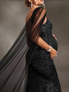 Cheriluna Maternity 孕妇摄影礼服，单肩超长网纱修身连衣裙，饰有箔片面料，前侧开衩，露背蝴蝶结交叉设计长款连衣裙 - 黑色 - 查看 7