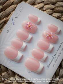 1 PC Y2K Style White Border Flower Nail Wraps Handmade French Square False Nails White French Tip Floral Pattern Sweet Feminine Daily Wear Commute Party Gift For Her Valentine Day Must Have Beauty Accessory - Multicolor - View 3