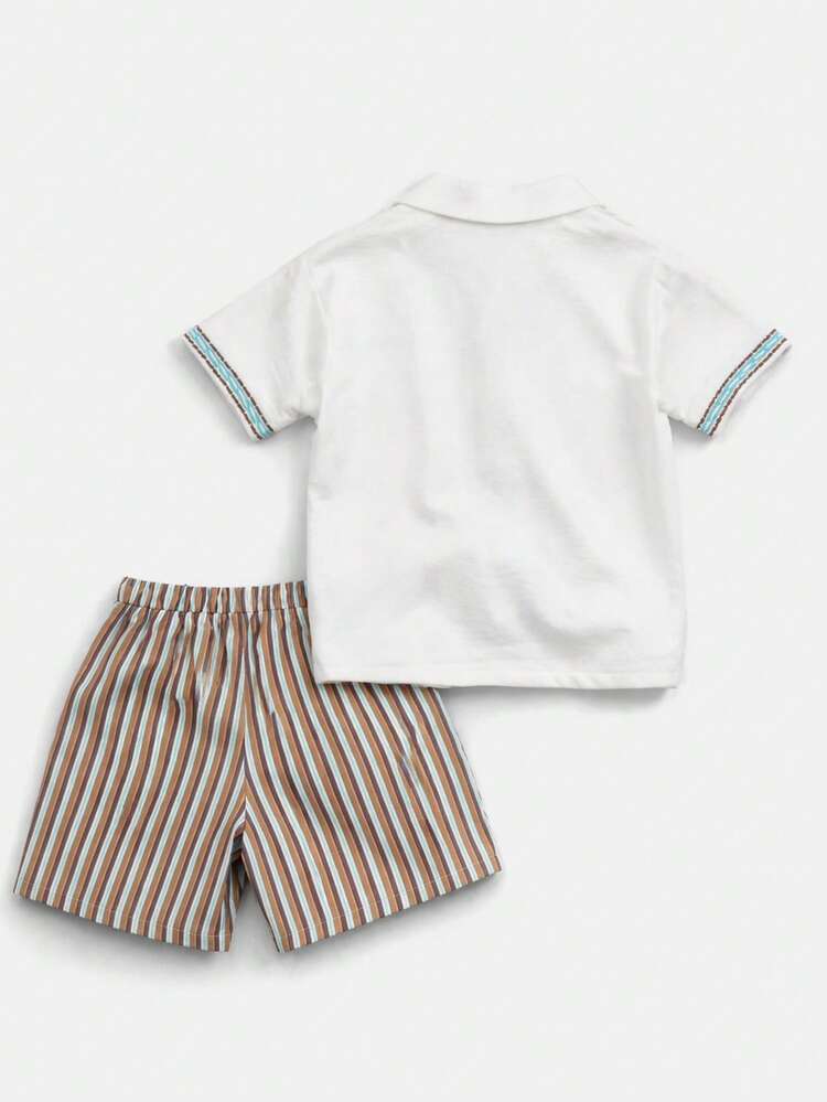 Boys Two Piece Embroidered Stripe Detail Button Up Short Sleeve Shirt With Striped Elastic Waist Shorts Casual Summer Outfit Set