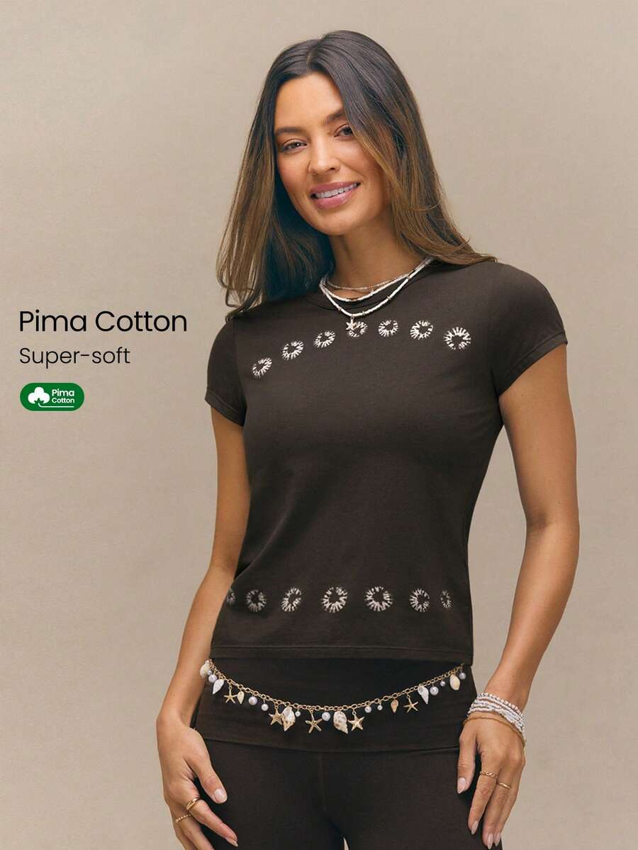 GLOWMODE Pima Cotton ColorFlow Soft Stretchy Lightweight Graphic Fitted Tie Dye Tee Summer Daily Casual Wear - Coffee Brown - View 1