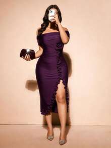 Cravure Plus Size Women's New Elegant Party Burgundy Romantic 3D Rose Off-Shoulder Ruffle Hem Slit Waist Formal Dress - Purple - View 6