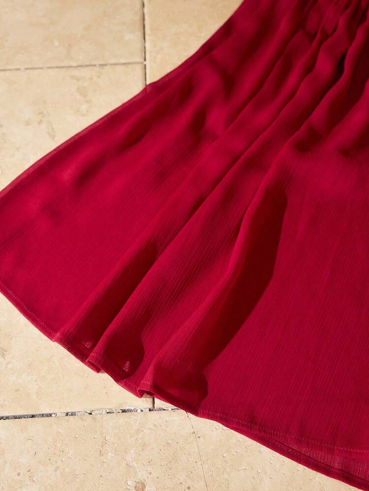 BURGUNDY V-NECK KNIT PATCHWORK MAXI SWEATER DRESS