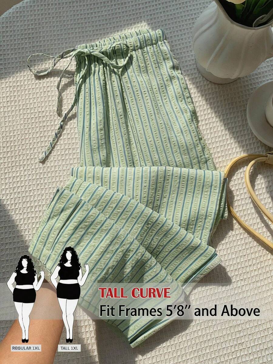 SHEIN Tall CURVE Pantaloni casual cu dungi verzi și șnur în talie, mărime plus - Verde măsline - Vizualizare 1