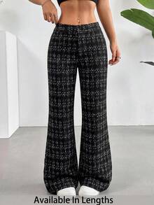 SHEIN Tall CURVE 大码女式格子阔腿宽松休闲裤 - 黑色 - 查看 5