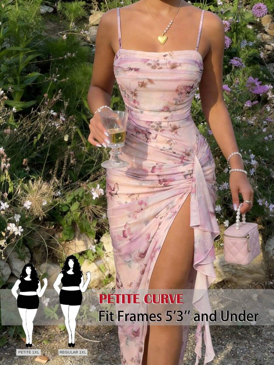 SHEIN PETITE CURVE Plus Size Women's Vintage Brown Butterfly Print Ruched Ruffle Hem Asymmetrical Hem Dress,Summer,Elegant,Formal Gym,Vacation,Holiday,Cocktail