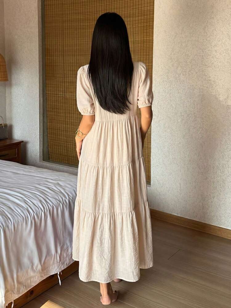 Half-Open Collar Petal Sleeve Long Dress, Women Loungewear